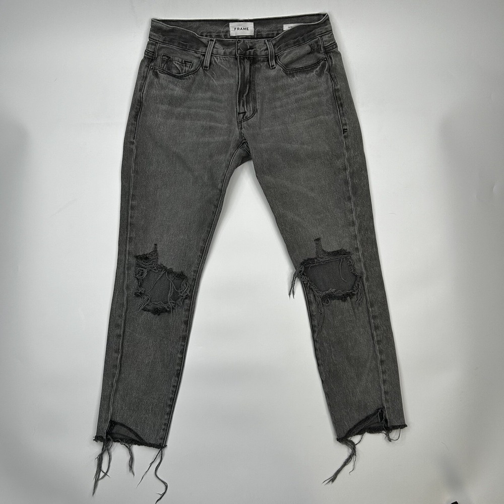 Anthropologie/Frame Le Garcon Crop Jeans In Monsoon Rips Gray 24 Dist Raw Hem